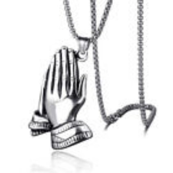Other - NEW! Silver PRAYING HANDS Stainless Pendant & Necklace JESUS IS KING